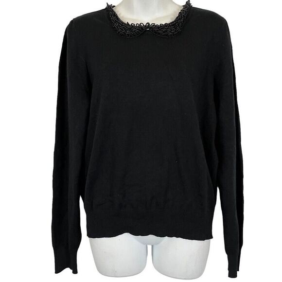 Draper James RSVP Womens Beaded Peter Pan Collar Black Puff Sleeve Sweater L - Picture 1 of 16